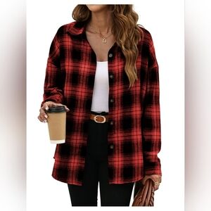 Red Plaid Button-Front Shirt Jacket - Women's